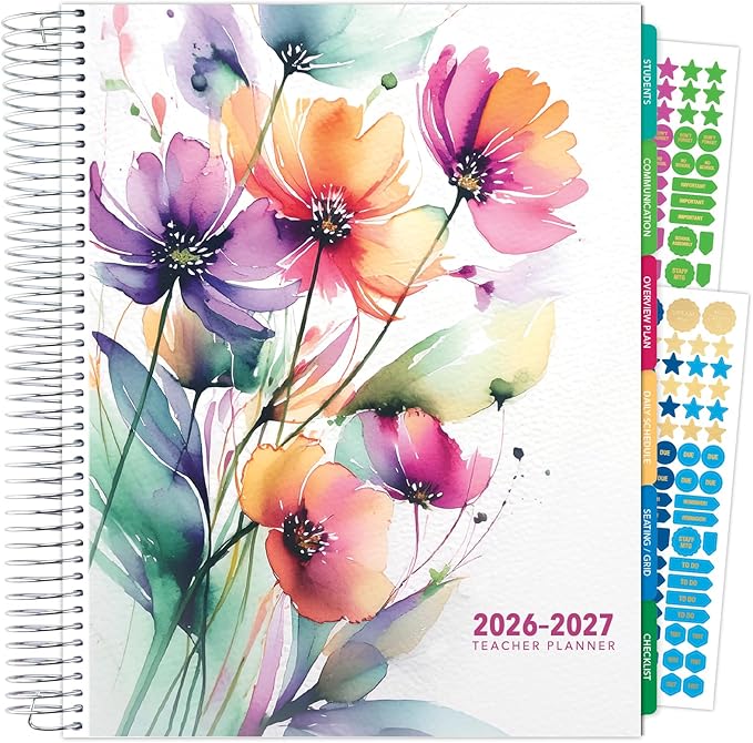 DELUXE TEACHER PLANNER Aug 2026-Jul 2027 8.5x11 Daily Weekly Monthly Organizers with 7 Periods, Pocket Folder, Dated Calendar, Page Tabs, Bookmark and Planning Stickers (Rainbow Floral)