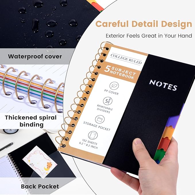 CAGIE Small Spiral Notebooks with Removable Dividers Tabs, 5 Subject Notebook College Ruled 6''×8'', A5 Notebooks for School Work with Plastic Cover, Back Pocket, Spiral Bound, Black