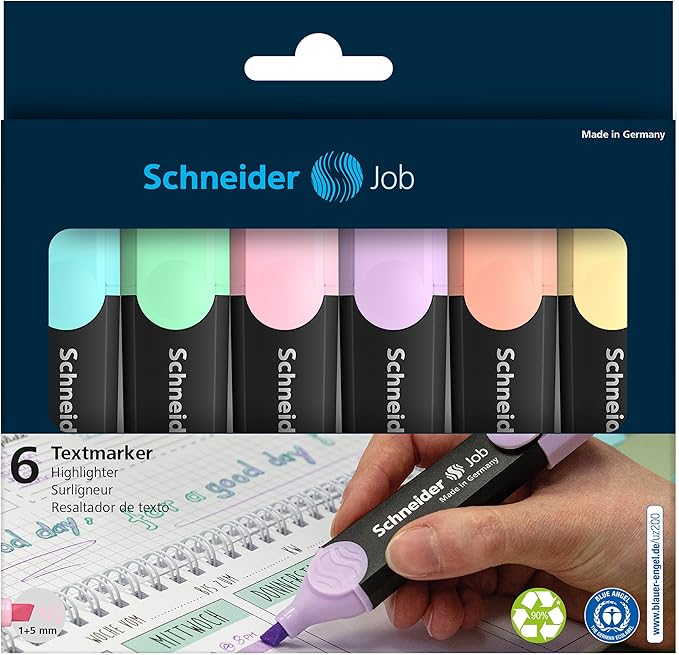 Schneider Job Highlighter Pastel, Chisel Tip, 1 + 5 mm, Black Barrel, Assorted Ink Colors, Pack of 6 Highlighters: Turquoise, Mint, Vanilla, Peach, Lavender, Light Pink (115097)