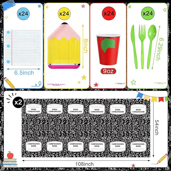 Reallnaive 146 Pcs Preschool Kindergarten Graduation Party Decoration Pencil Paper Plate Teacher First Day Back to School Party 24 Set Disposable Tableware Notebook Tablecloth for Classroom Pre K Grad