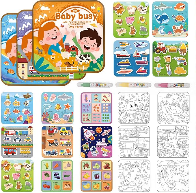 Double-Sided Magical Water Coloring Book for Kids, Reusable Quiet Water Reveal Activity Book with Water Pen, Creative DIY Water Drawing Painting Sticker Busy Books for 3 +Year Old Boys Girls Toddlers