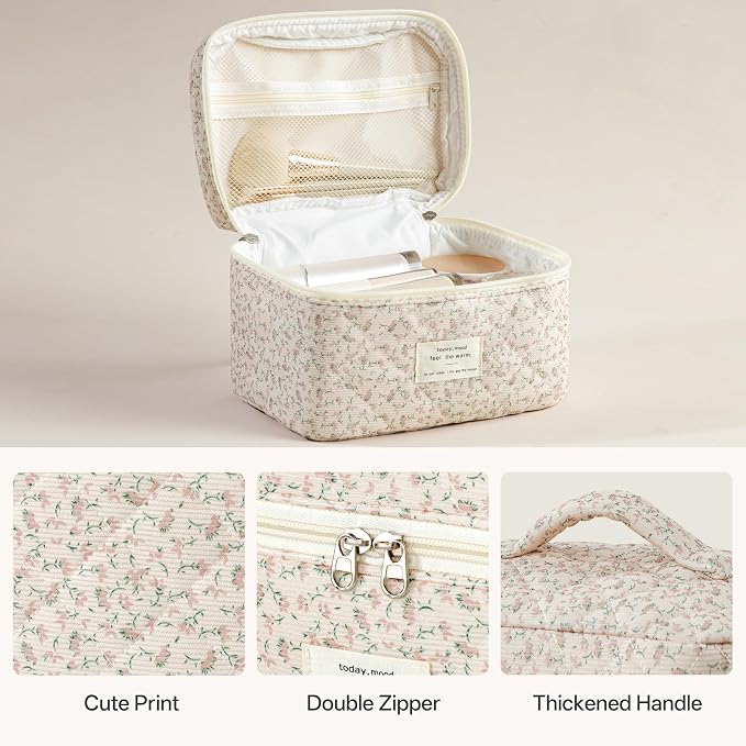 HBselect Quilted Makeup Bag, 3Pcs Cotton Large Travel Makeup Bags Organizer | Cute Floral Make up Bag Cosmetic Bag Toiletry Bag for Women Girls, Makeup Pouch for Skincare, Brushes & Travel Essentials