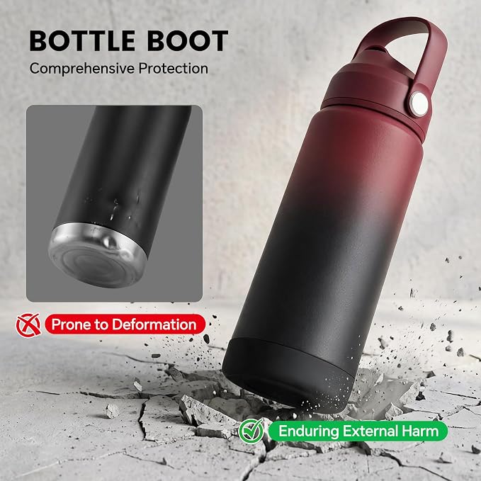 Fijinhom 24 oz Insulated Water Bottle with Straw Lid, Stainless Steel Water Bottles, Double Wall Vacuum, Portable Handle & Non-slip Bottom, BPA Free Leak Proof Metal Bottles, Keep Cold 24H, Red/Black