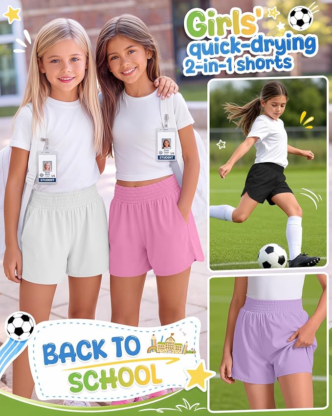 4 Pack Girls Athletic Shorts 2 in 1 Quick Dry High Waist Tween Shorts with Liner Kids Back to School Running Shorts