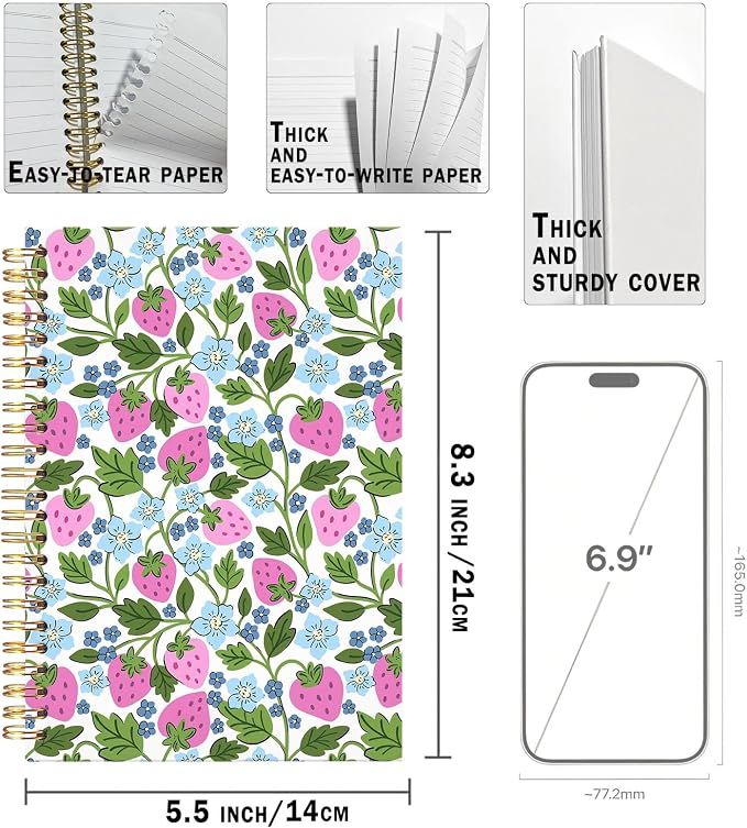 UTELKA Pink Strawberry Spiral Notebook Strawberry Journal Notebook 5.5x8.3, Rustic Blue Flroal Cottagecore Cute Notebook Journal for Office Work Books for Student Strawberries School Supplies
