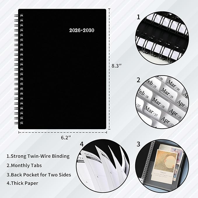 2026-2030 Monthly Planner/Calendar - Jul. 2026 - Dec. 2030, Monthly Planner, 5 Year, 6.2" x 8.3", Multi Year Calendar 2026-2030 with Twin-Wire Binding, Tabs, Storage Pocket - Black