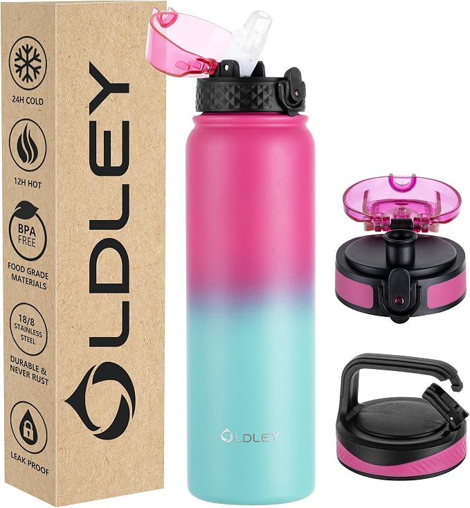 dley Insulated Water Bottle 32oz Water Bottles with Straw, Stainless Steel Water Bottle with 3 Lids, Double Wall Vacuum Bottles for Adult, Leak-proof Sports Bottles for School Travel, Rose Red-Green