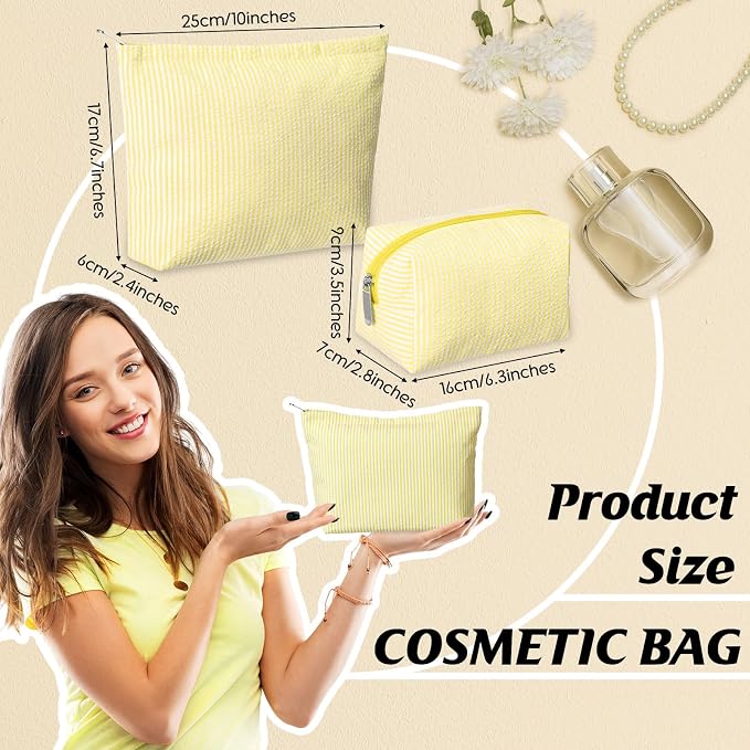 Huhumy 2 Pcs Makeup Bag Set for Women, Yellow, Thin Striped Seersucker | Cute Cosmetic Pouch Women Travel Toiletry Bag Preppy Small Makeup Purse Pouch Aesthetic Skincare Brushes Storage Organizer