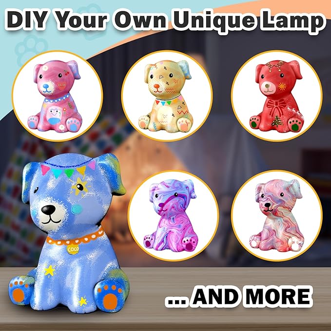 FUNZBO Paint Your Own Dog Lamp Kits - Arts and Crafts Supplies Puppy Painting for Kids Teens, DIY Night Light Dog Toy for Girls Boys Age 3 4 5 6 7 8 9 10 11 12 13 Birthday Gift