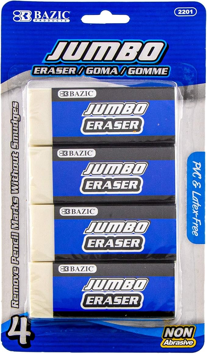 BAZIC Products Jumbo Eraser, PVC & Latex-Free, 4 Count