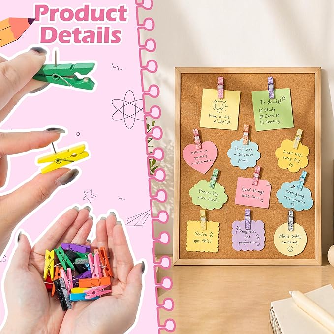 Haooryx Push Pin with Wooden Clips - 48Pcs Back To School Cork Bulletin Board Tack Thumbtacks Composition Notebook Clothes Pin Shaped Photo Clip for Back to School Classroom Board Artwork Teacher Gift