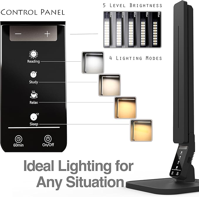 Lampat Dimmable LED Desk Lamp, 4 Lighting Modes (Reading/Studying/Relaxation/Bedtime), 5-Level Dimmer, Touch-Sensitive Control Panel, 1-Hour Auto Timer, 5V/1A USB Charging Port, Piano Black