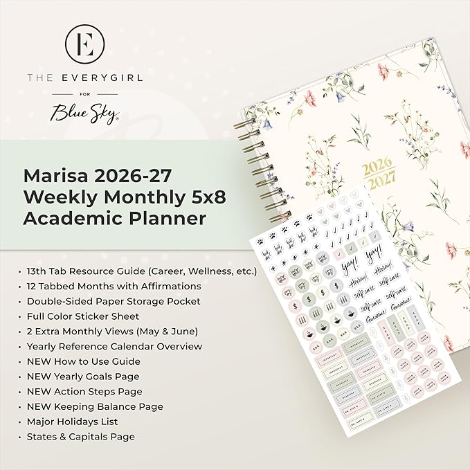 Blue Sky The Everygirl 2026-2027 Weekly and Monthly Academic Year Planner Calendar, July 2026 - June 2027, 5" x 8", Flexible Cover, Wirebound, Laminated Tabs, Storage Pocket, Includes Stickers, Marisa