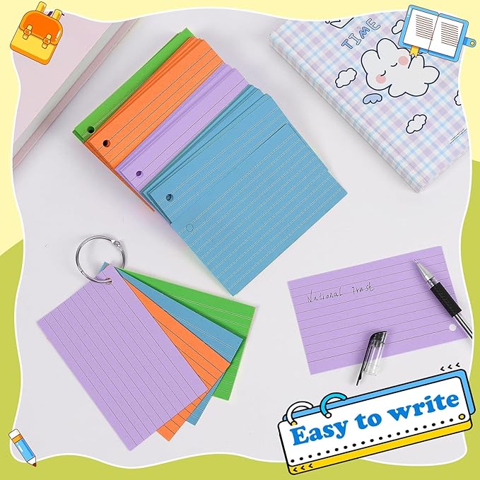 Colored Index Cards 3x5 Inch Flash Cards with Ring Lined Flashcards Heavyweight Note Cards for Studying School Supplies College, 200 Count