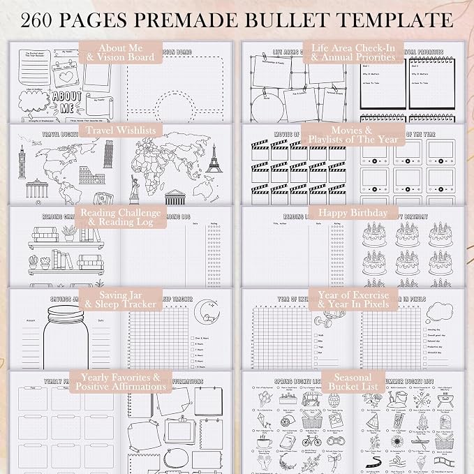 Everloria Premade Dotted Journal Notebook, 12 Months Pre-made Bullet Templates, 260 Hand-Drawn Coloring Pages, Undated Weekly & Monthly Planner, 7.8"x9.3" Linen Dot Grid Habit Mood Tracker, Lilac