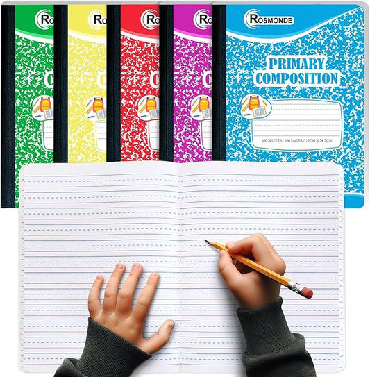 Rosmonde Composition Notebooks Primary Ruled 5 Pack, 200 Pages (100 Sheets), Color Marble Composition Notebook, Sewn Binding Hard Cover, Primary Composition Notebook, Writing Dotted Lined