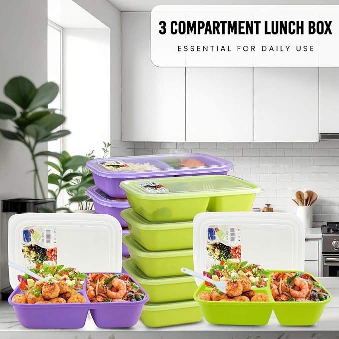 Neez 2 Pack Lunch Containers for Adults (48oz/6 Cup) - 3 Compartment Large Bento Lunch Box For Women - Reusable Lunchable Container for Salad, Snack, Meal Prep - Stackable, Microwavable & Leak proof