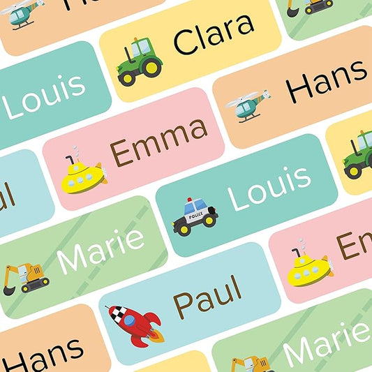 Name Labels for Kids (120 pcs) - Custom Waterproof Stickers for Daycare, Office and School Supplies (Motor)