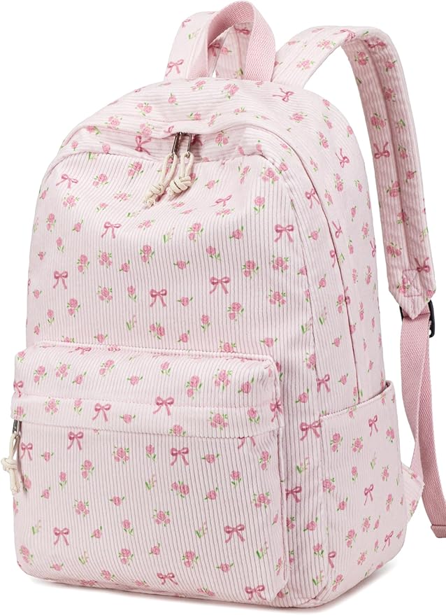 BTOOP School Backpack for Girls Teens Large Corduroy Bookbag Lightweight Casual High School College Backpacks 17 inch Laptop Travel Bag (Pink Bow Floral-1)