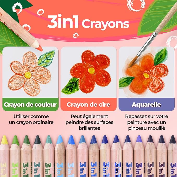 3 In 1 Color Pencil Set for Kids | 48 Colored Pencil for Toddlers. Fat Coloring Pencils with Brush,Sharpener, and Coloring Book | Non-Toxic and Vegan | Perfect for Toddler Art Supplies