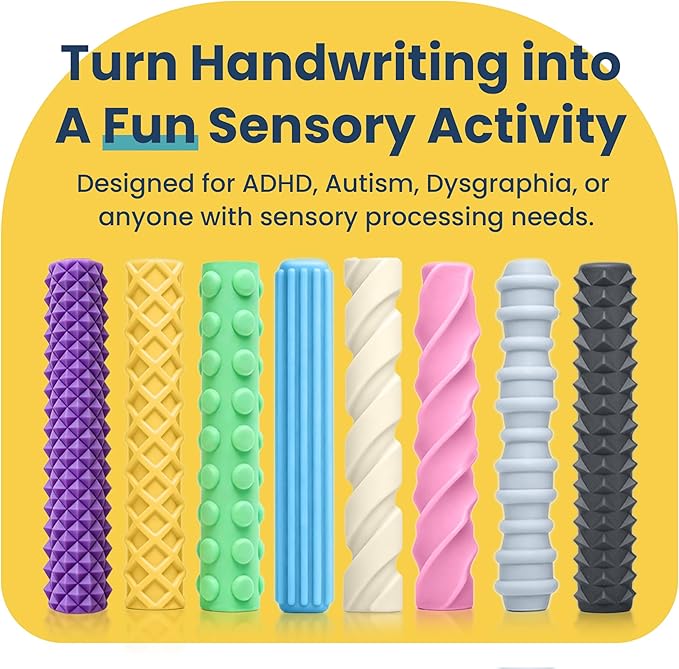 8-Pack Sensory Fidget Pencil Grips for Kids & Adults with ADHD, Autism & Arthritis – Textured Quiet Fidget Toys for Focus, Anxiety Relief & Handwriting Support at Classroom, Home or Work
