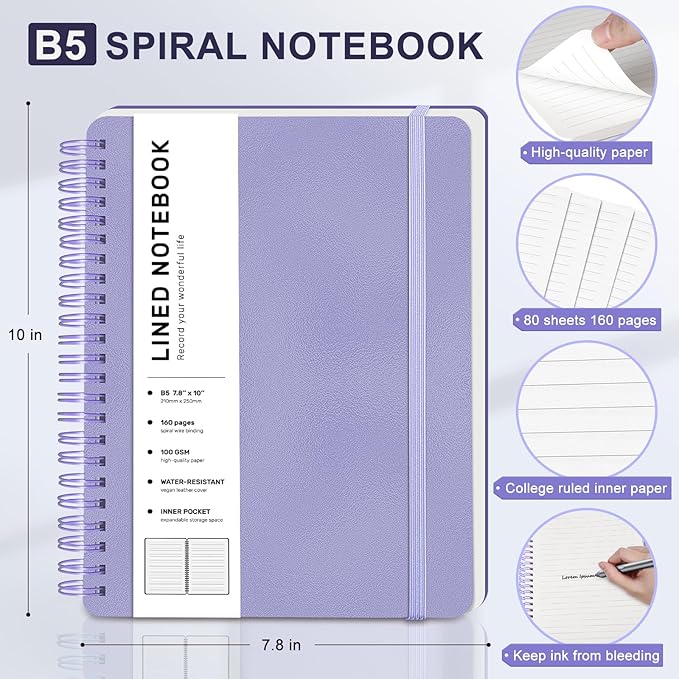 Lined Spiral Journal Notebook with 160 Pages, 7.8×10in, B5 Spiral Notebook, Journaling Notebooks for Work, School, Women, Men, College Ruled Spiral Notebook, Hardcover Leather Journals, Purple