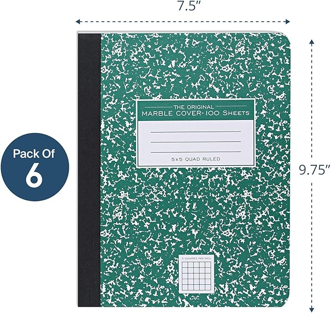 ROARING SPRING Hard Cover Composition Notebook, 6 Pack, Green Marble Comp Book, 9.75″ x 7.5″, 5x5 Grid Graph Ruled, 100 Sheets (200 Pages), Made in USA
