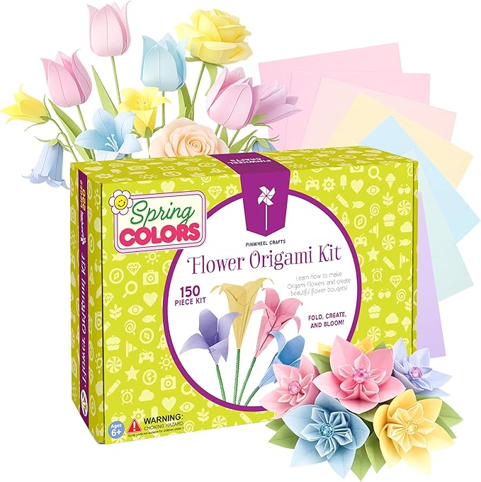 Pinwheel Crafts Flower Origami Kit for Kids Ages 8-12 | 150 Pcs Origami Paper Kit w/Spring Color Folding Papers,Easter Crafts, Chenille Stems,Buttons and Jewels, Arts and Crafts Paper Book for Kids