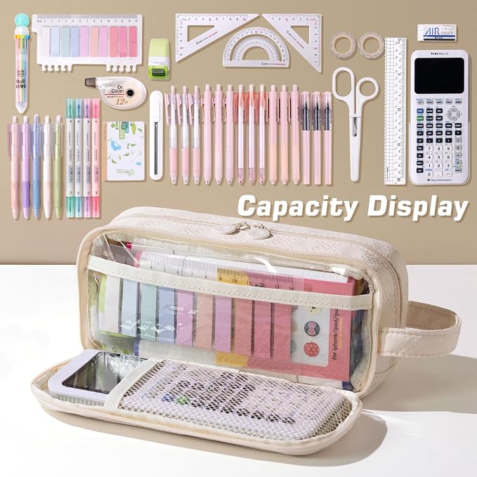 EASTHILL Large Capacity Pencil Case Cute Pencil Pouch with Handle Stationery Pen Bag for Teen Girls-Cream