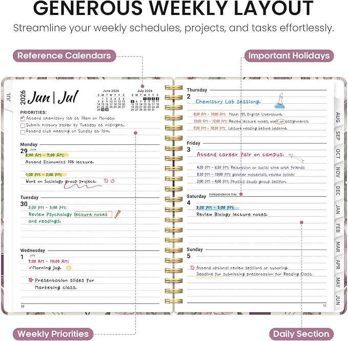 Planner 2026-2027, Academic Year Weekly and Monthly Calender Planner, from Jul 2026 - Jun 2027, Spiral Bound School Planning Book, Perfect for Teacher, Student, Women & Men, A5 (6.3" x 8.5"), Soft Peony