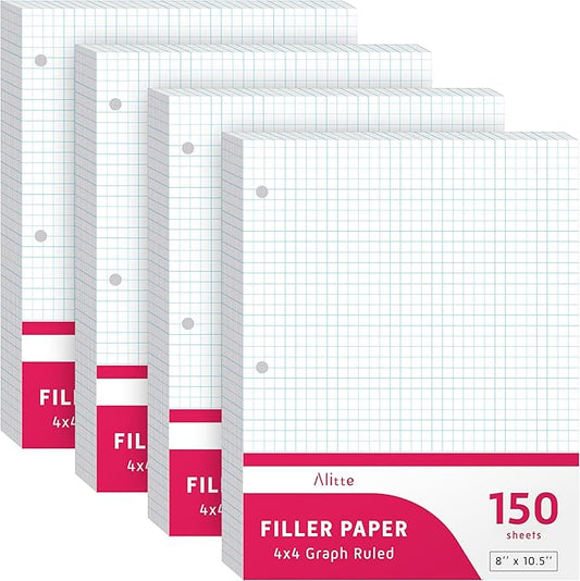 Alitte Loose Leaf Graph Paper, 4x4 Grid, 600 Sheets (150/Pack) Graphing Paper for School, College, Office - 3 Hole-Punch Sheets for Ring Binders, Notebooks, Pocket Folders - White, 8 x 10.5 inches