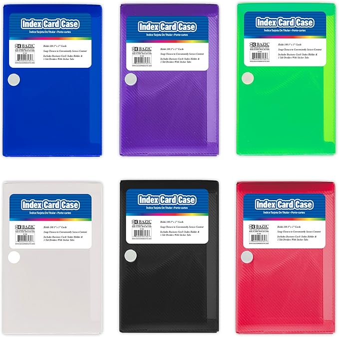 BAZIC PRODUCTS Index Card Case with 5 Tab Dividers – Durable Plastic 3"x5" Flash Card Organizer and Storage Holder, 100-Card Capacity, Ideal for School, Office, and Study Use, 6-Pack