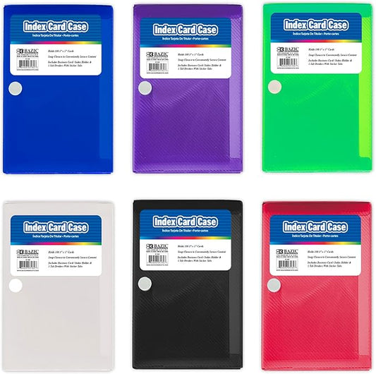 BAZIC PRODUCTS Index Card Case with 5 Tab Dividers – Durable Plastic 3"x5" Flash Card Organizer and Storage Holder, 100-Card Capacity, Ideal for School, Office, and Study Use, 6-Pack