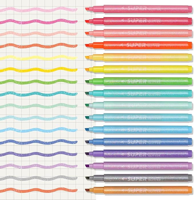 HANKU Glitter Highlighters, 16 Pack, Assorted Chisel Tip Aesthetic Markers | Smooth Shimmering Pastel Ink Perfect for Bullet Journaling, Bible Study, Adult Coloring, and School Supplies