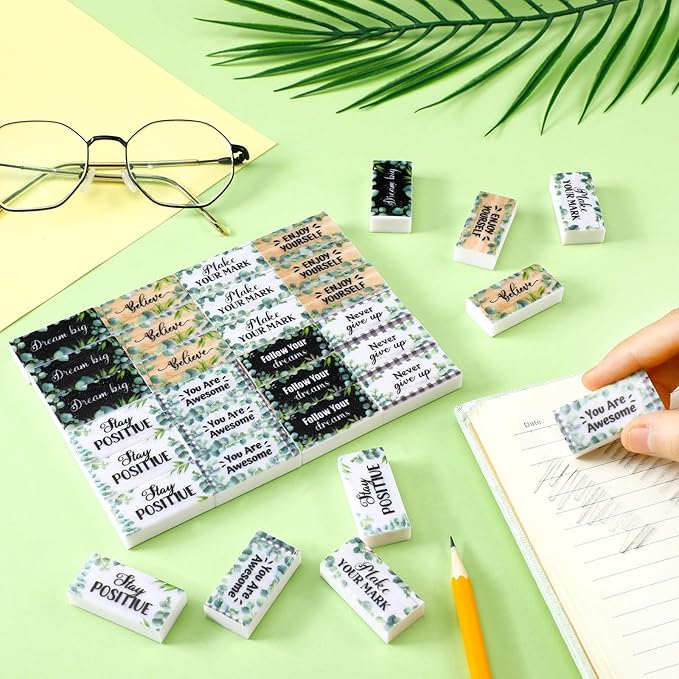 Dunzoom 100 Pcs End of Year Inspirational Pencil Erasers Bulk for Kids Back to School Fun Motivational Eraser School Office Supplies for Students Classroom Office Teacher Artists(Eucalyptus Leaf)