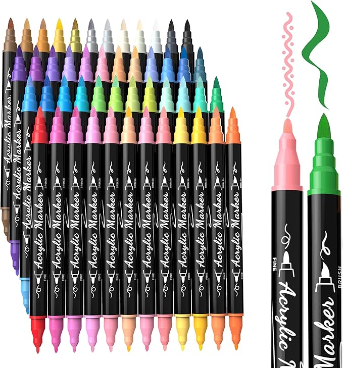 TOSHARE 48 Colors Acrylic Paint Markers, Brush & Fine Dual Tip Acrylic Paint Pens for Rock, Wood, Paper, Fabric, Canvas, Glass, Ceramic, Egg, Scrapbook and DIY Crafts Supplies Art Gifts