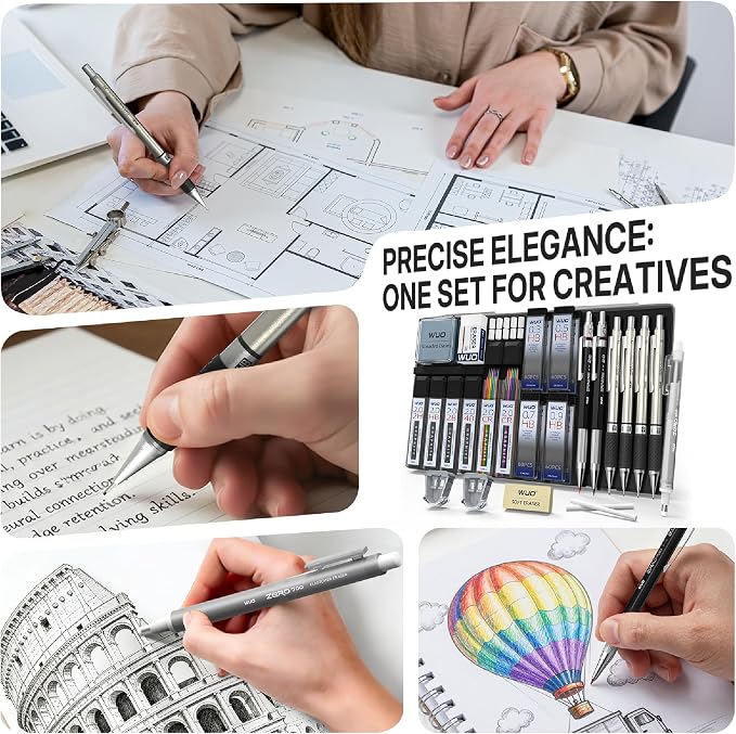 WUO 38PCS Art Mechanical Pencil Set with Storage Case, Metal Drawing Pencil | 0.3, 0.5, 0.7, 0.9 & 2PCS 2mm (2H HB 2B 4B Color) & 552 Lead Refills, 1 Eraser Pen, Artist Pencils for Sketching, Drafting