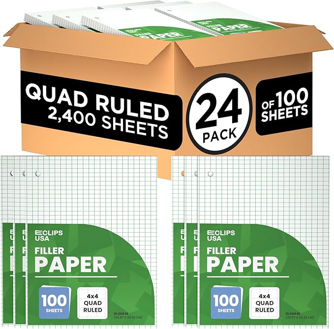 Graph Paper Loose Leaf Paper Quad Ruled Notebook Paper Quad Ruled 4” x 4” Square Lined Writing Filler Paper 10.5” x 8” 2400 Sheets 100 Sheets Per Pack 60 gsm (24 Pack)