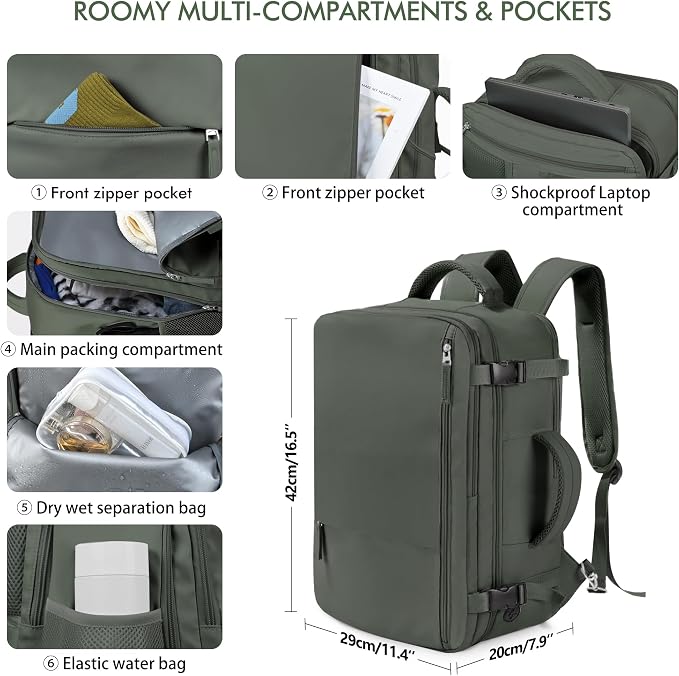 Beraliy Travel Backpack for Men Women,TSA Carry On Backpack Flight Approved | 16 Inch Laptop Waterproof Hiking Backpack, Casual Outdoor Daypack Bag for College Weenkender Business, Olive-green