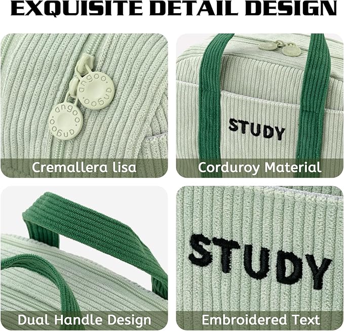 EASTHILL Corduroy Hand-held Pencil Case Large Cute Pencil Pouch Stationery Pen Bag for Teen Girls-Green