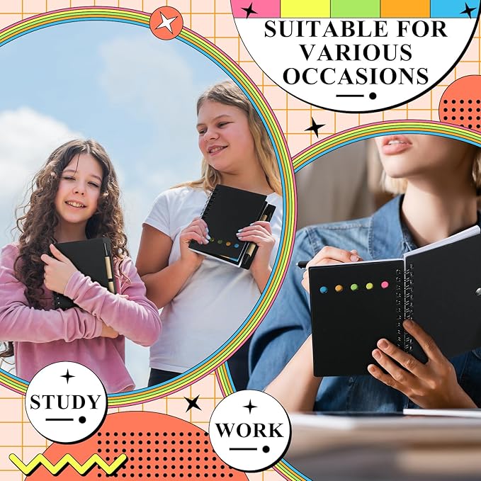 Qilery 10 Pack Lined Spiral Notebook Small Notepad and Pen Set Steno Pads Lined Notepad Black Pocket Notebook for Business Office School Supplies