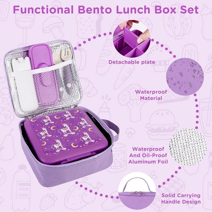 JXXM Bento Lunch Box for Kids With 8oz Soup thermo,Leak-proof Lunch Containers with 5 Compartment,thermo Food Jar and Lunch Bag, Food Containers for School (Purple Unicorn)