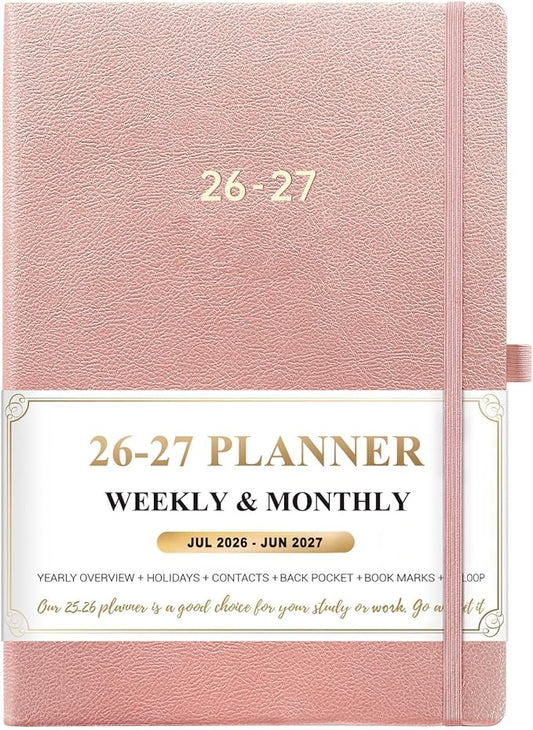 Planner 2026-2027 - Academic Planner 2026-2027 Weekly and Monthly, July 2026 - June 2027, 8.35" x 5.75", Leather Planners 26-27 with Hardcover, Tabs, Holidays, Daily Organizer - Pink
