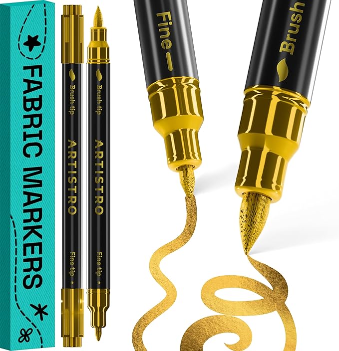 ARTISTRO 2 Gold Dual-Tip Fabric Markers - Fabric Decorating Kit - Permanent for Clothes - Acrylic Paint Pens for Sneakers, Bags, Shoes, Textile, Canvas, Sewing, Craft, DIY - Brush and Fine Tip
