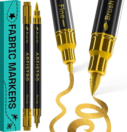 ARTISTRO 2 Gold Dual-Tip Fabric Markers - Fabric Decorating Kit - Permanent for Clothes - Acrylic Paint Pens for Sneakers, Bags, Shoes, Textile, Canvas, Sewing, Craft, DIY - Brush and Fine Tip