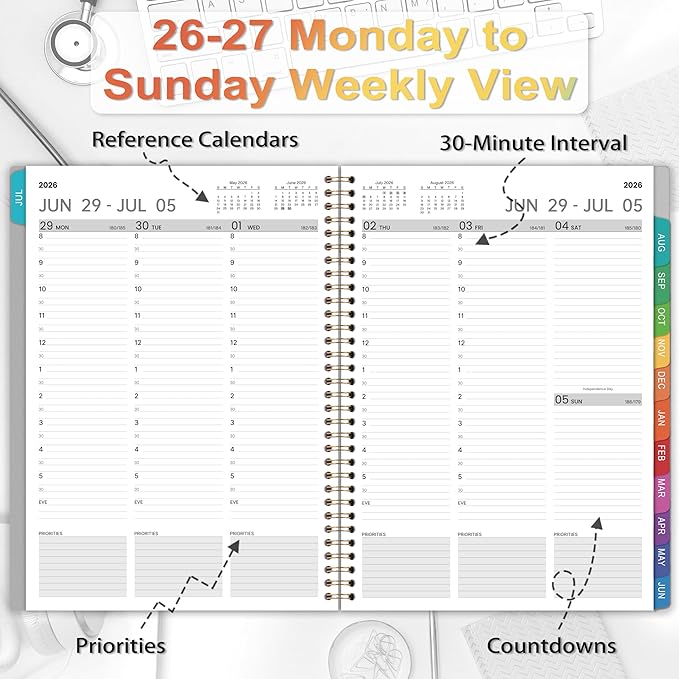 2026-2027 Appointment Book/Planner - Weekly & Monthly Planner, 9" x 11", Large, JUL. 2026 - JUN.2027, 30-Minute Interval, Daily Hourly Planner, Colorful Monthly Tabs, Inner Pocket, Grey