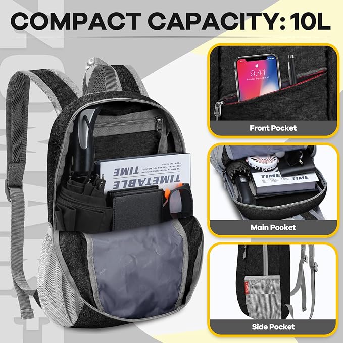 ZOMAKE Lightweight Packable Backpack, 10L Small Foldable Daypack for Hiking | Water Resistant Collapsible Backpacks for Women Men, Everyday Carry, Multi Compartment Storage, Adjustable Strap(Black A2)