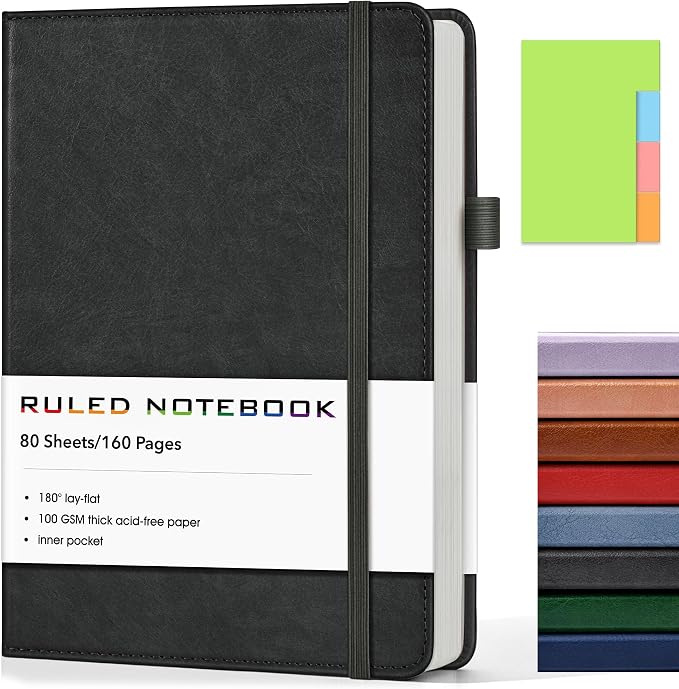 Lined Journal Notebook, A5 Hardcover Leather Journals for Writing, 160 Numbered Pages, 5.7'' x 8.3'' Journaling Notebooks for Men Women, Thick Paper College Ruled Journal for Work Office School, Black