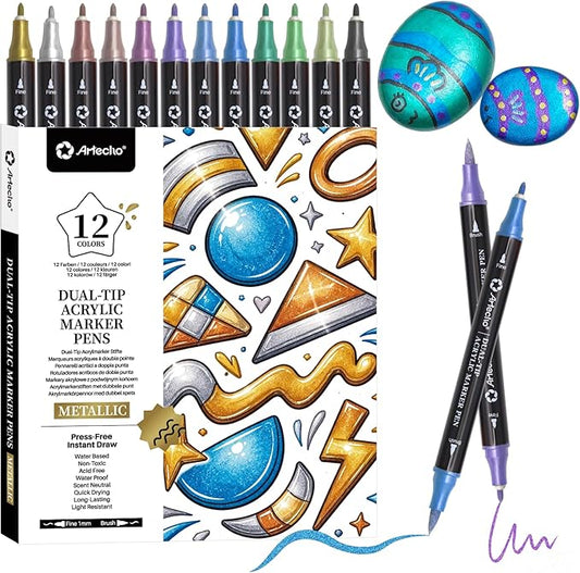 Artecho Acrylic Paint Markers 12 Metallic Colors, for Stone, Rock Painting, Paper, Pumpkin, Wood, Egg, Canvas, Ceramic, Fabric, leather, Glass, DIY Crafts