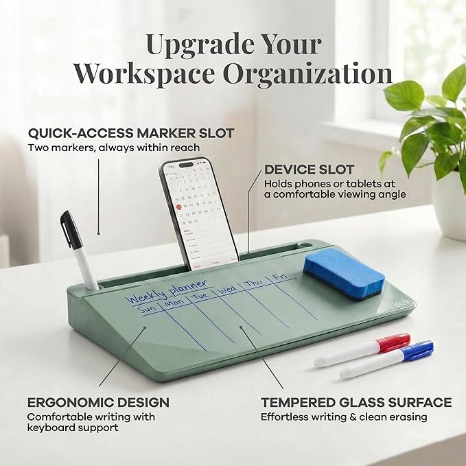 Birch Small Desktop Glass Whiteboard & Magnetic Calendar – Dry Erase Desk Pad Keyboard Stand with Storage, Adjustable Dividers, 3 Markers & Eraser – Office, Home & School (Moss)